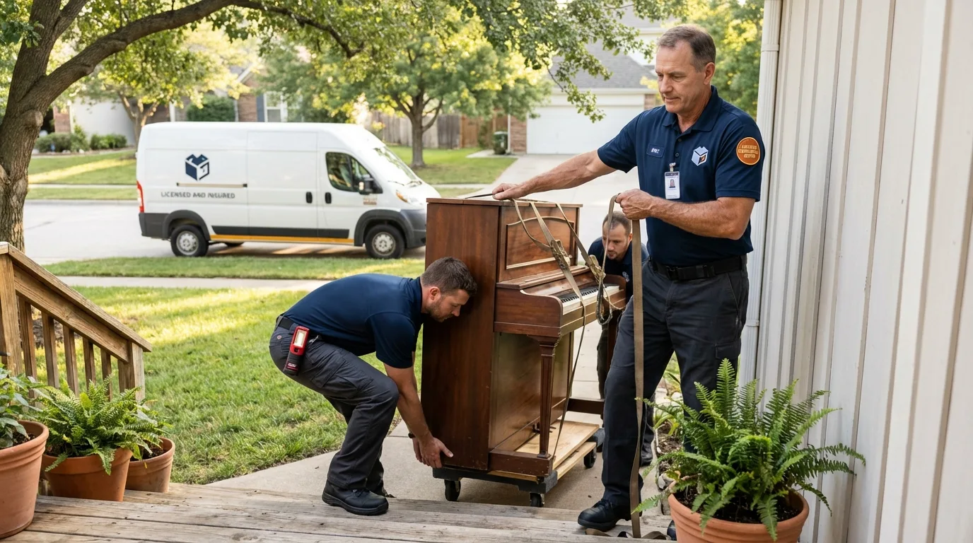 Licensed piano movers securing grand piano in Whiteman Air Force Base, MO