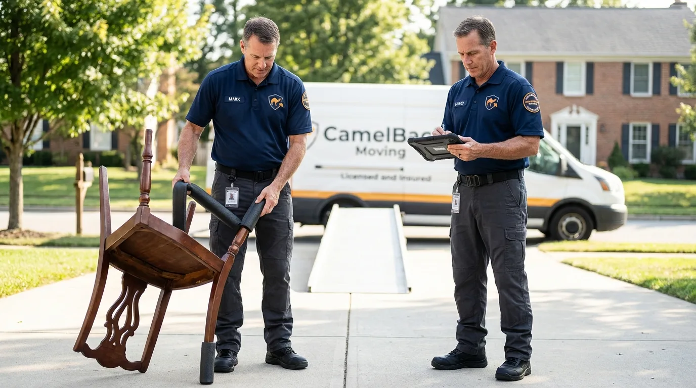 Movers inspecting furniture for damage prevention before loading in Whiteman Air Force Base, MO