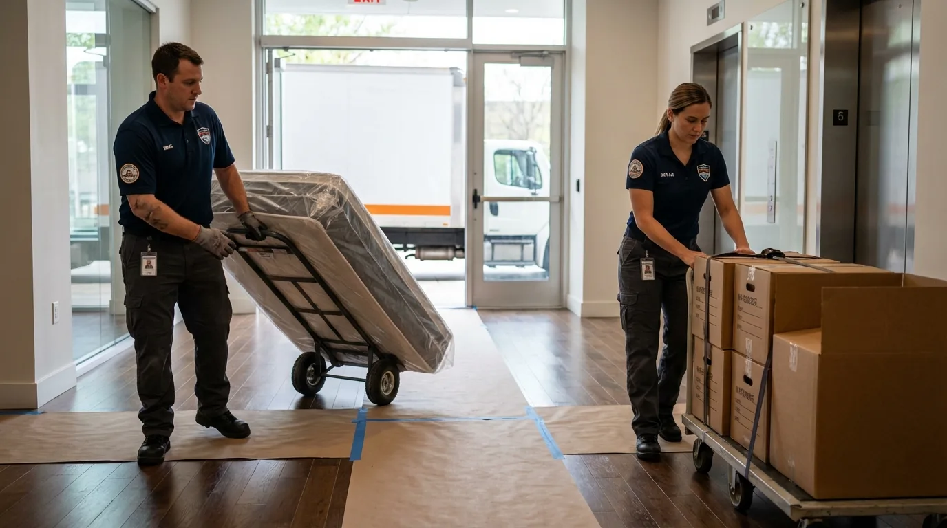 Professional apartment movers loading elevator in Whiteman Air Force Base, MO