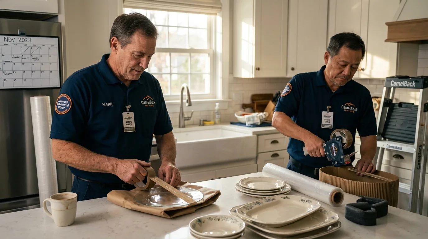 Professional crew packing kitchen dishware in Whiteman Air Force Base, MO